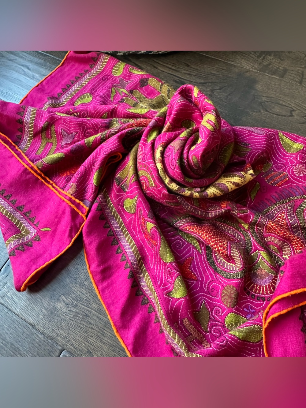 Hermes ‘Carre Kantha’ magenta silk embroidery print cashmere and silk scarf